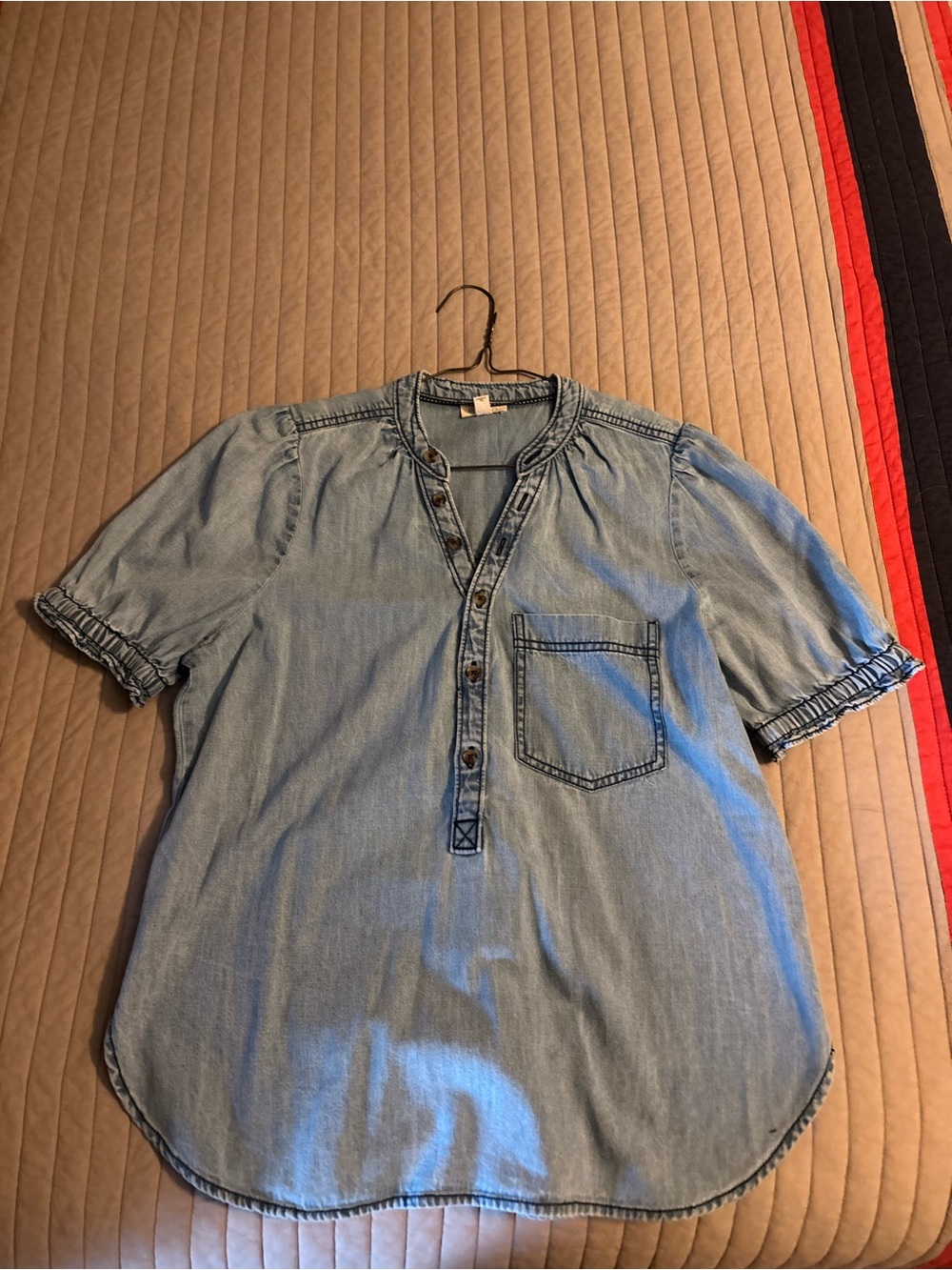 Pilcro Light Blue Denim Henley Shirt with Pocket - Women